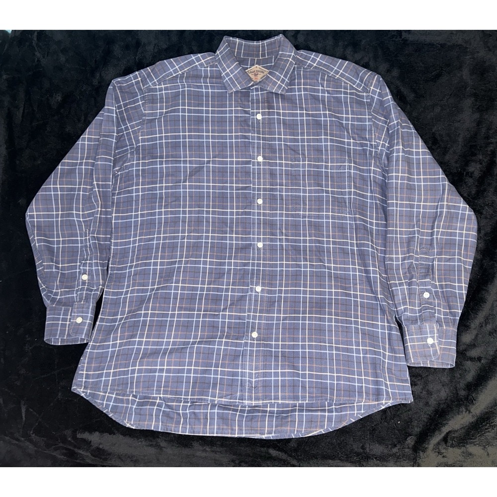 Bills Khakis Mens XL Navy Blue Brown Plaid Button Down Shirt Made in USA Vtg